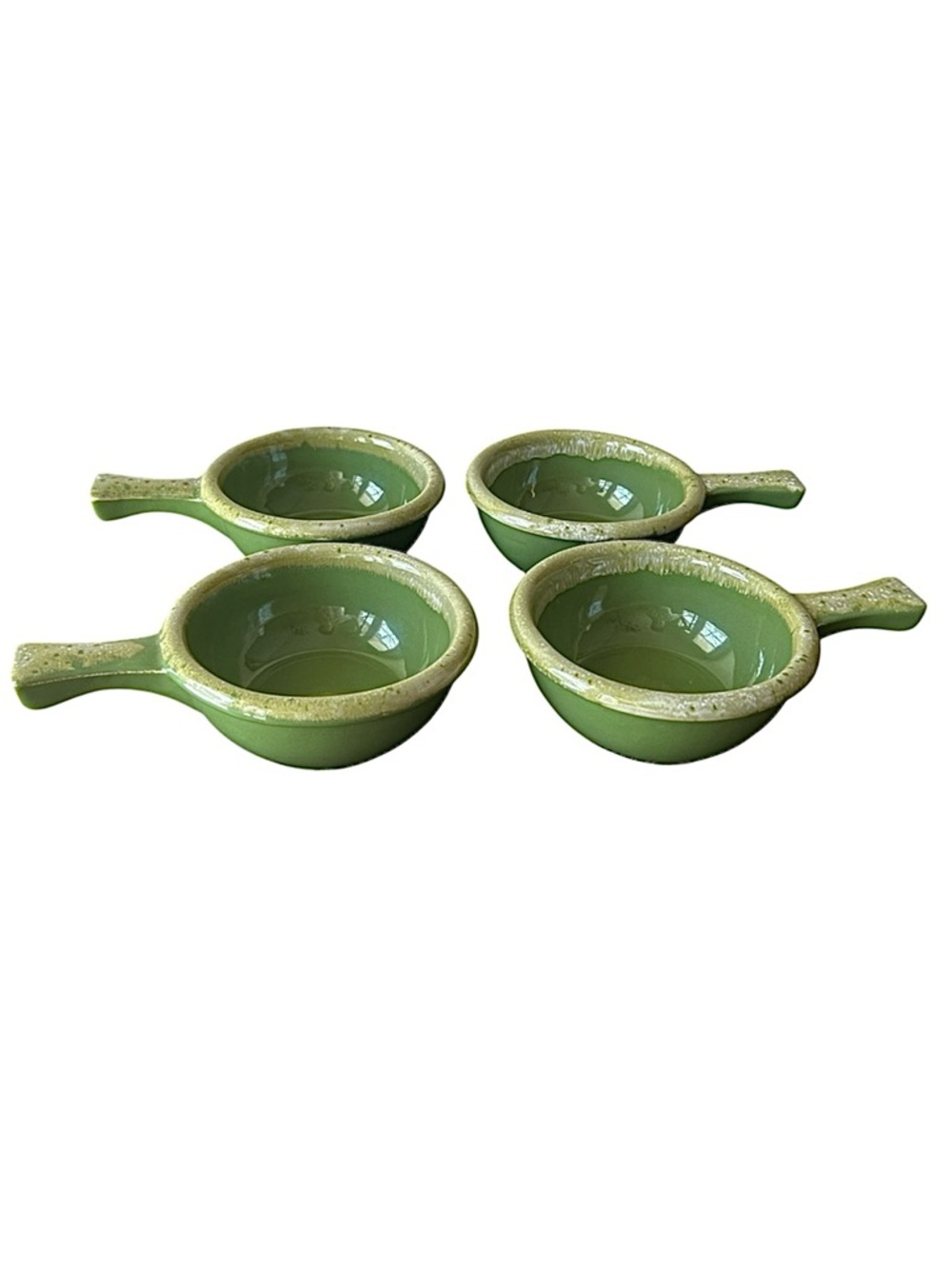 VTG 4 Hull USA Made Green Drip Glaze Pottery Handled Bowls Casserole Oven Proof